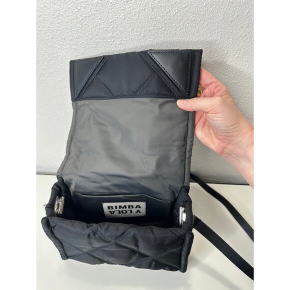 BYL Small Black Padded Nylon Crossbody Bag Leather & Chain Strap - Picture 10 of 16